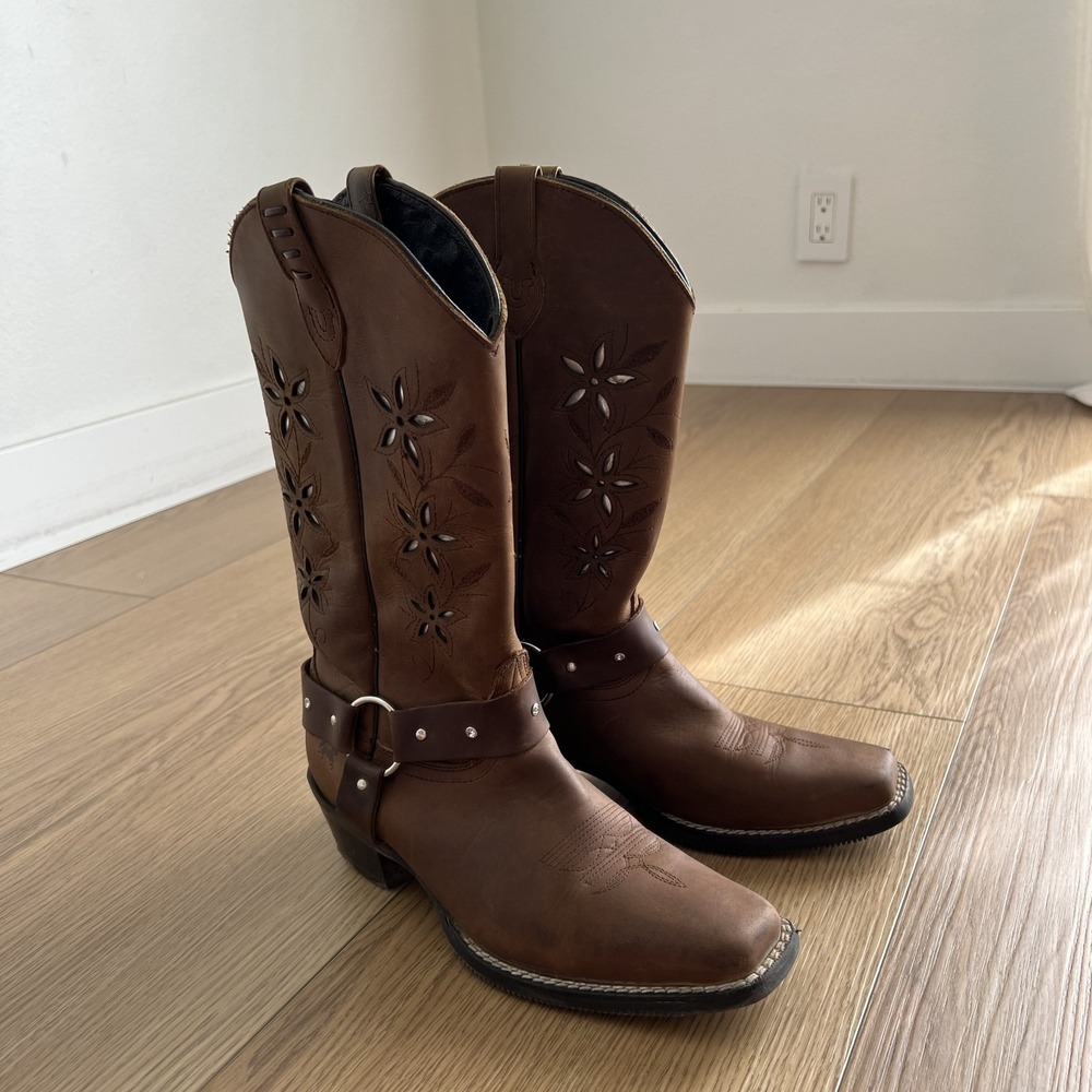 Durango Western Brown Leather Harness Boots Embroidered Size 7.5M US / 24.5 Mex